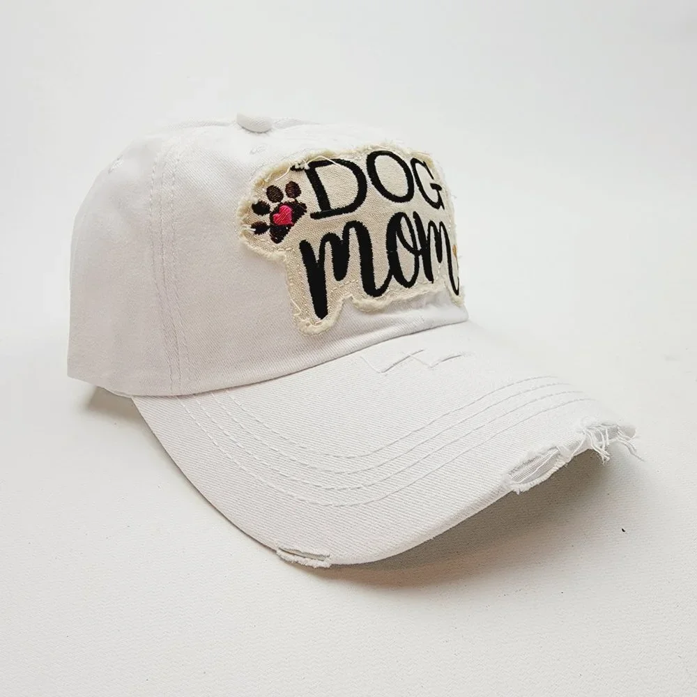 Dog Mom Distressed Relaxed Buckle Strap Full Cover Baseball Hat Cap White